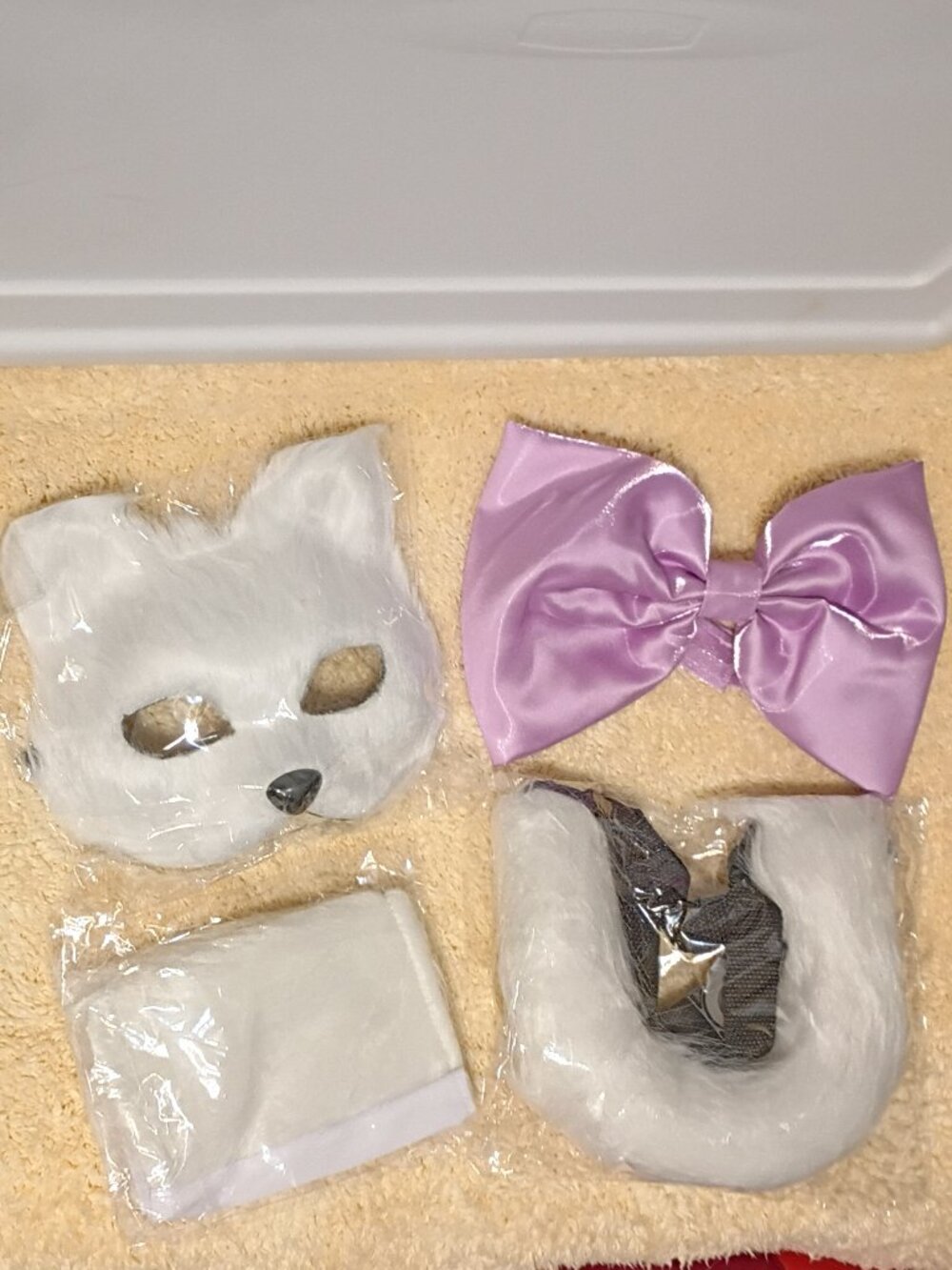White Cat Mask, Tail, Wrislets & Bow Set Furry Animal Therian Masquerade Costume